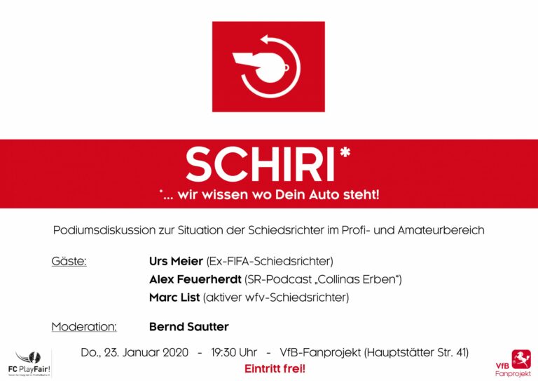 23.01.2020: Podiumsdiskussion: „Schiri, wir wissen wo Dein Auto steht!“